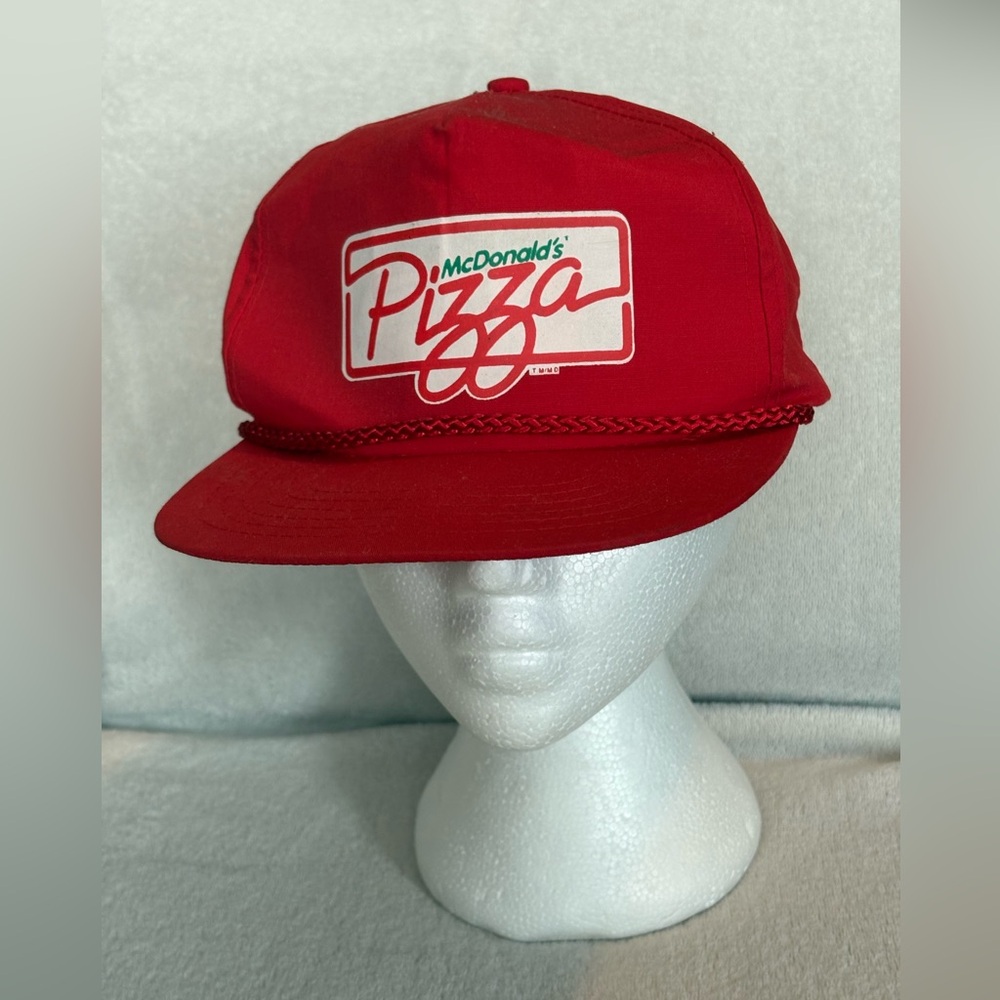 VTG McDonald’s 80’s Pizza Red Employee Snap Back Trucker Hat PROP READ